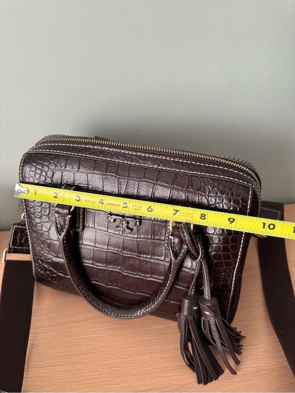 Tory Burch Dark Mahogany Thea Crocodile Embossed Web Small Satchel - Picture 11 of 12